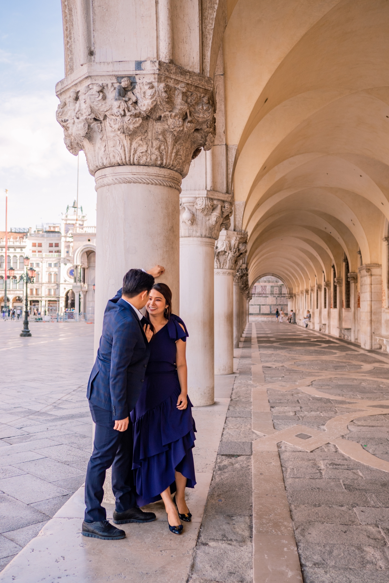 Romantic engagement photo-shoot at sunrise in empty Venice